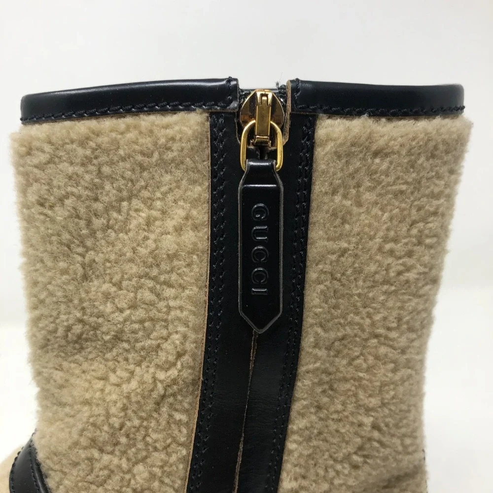 Gucci Ankle Shearling Combat‎ Boot Horsebit Womens 37.5 US 7.5 Beige Designer
